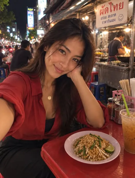 Pretty Naya enjoying local food in Thailand